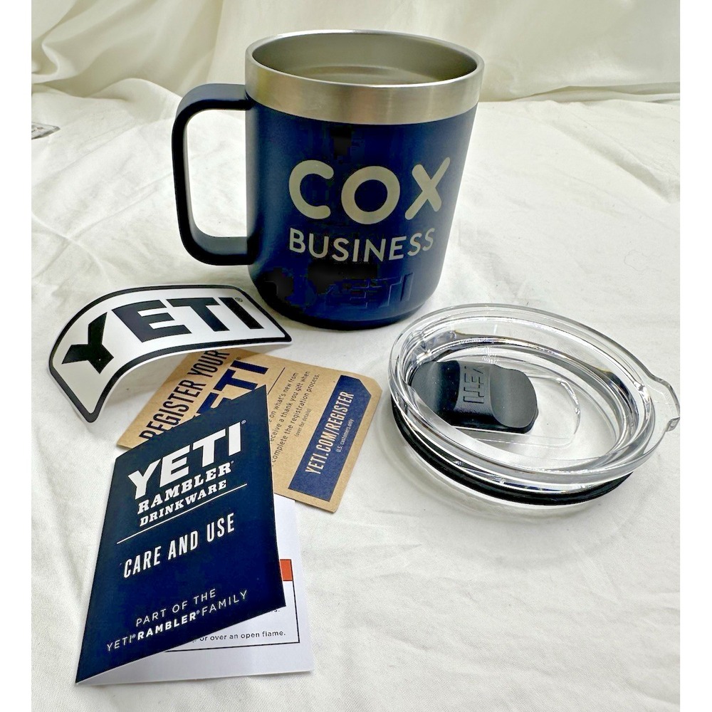 New Yeti Rambler Coffee Mug handle and Lid Blue Cox Business Advertising 14 oz